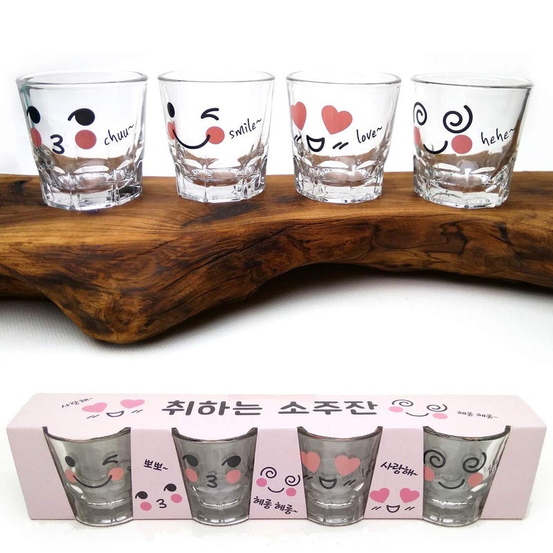 LENITH] Korean Soju Shot Glasses Sets, 1.7 oz, Character Clear Glass, Heart Shaped Glass for Whiskey,Tequila and Liquor. (Characters) - Image 1